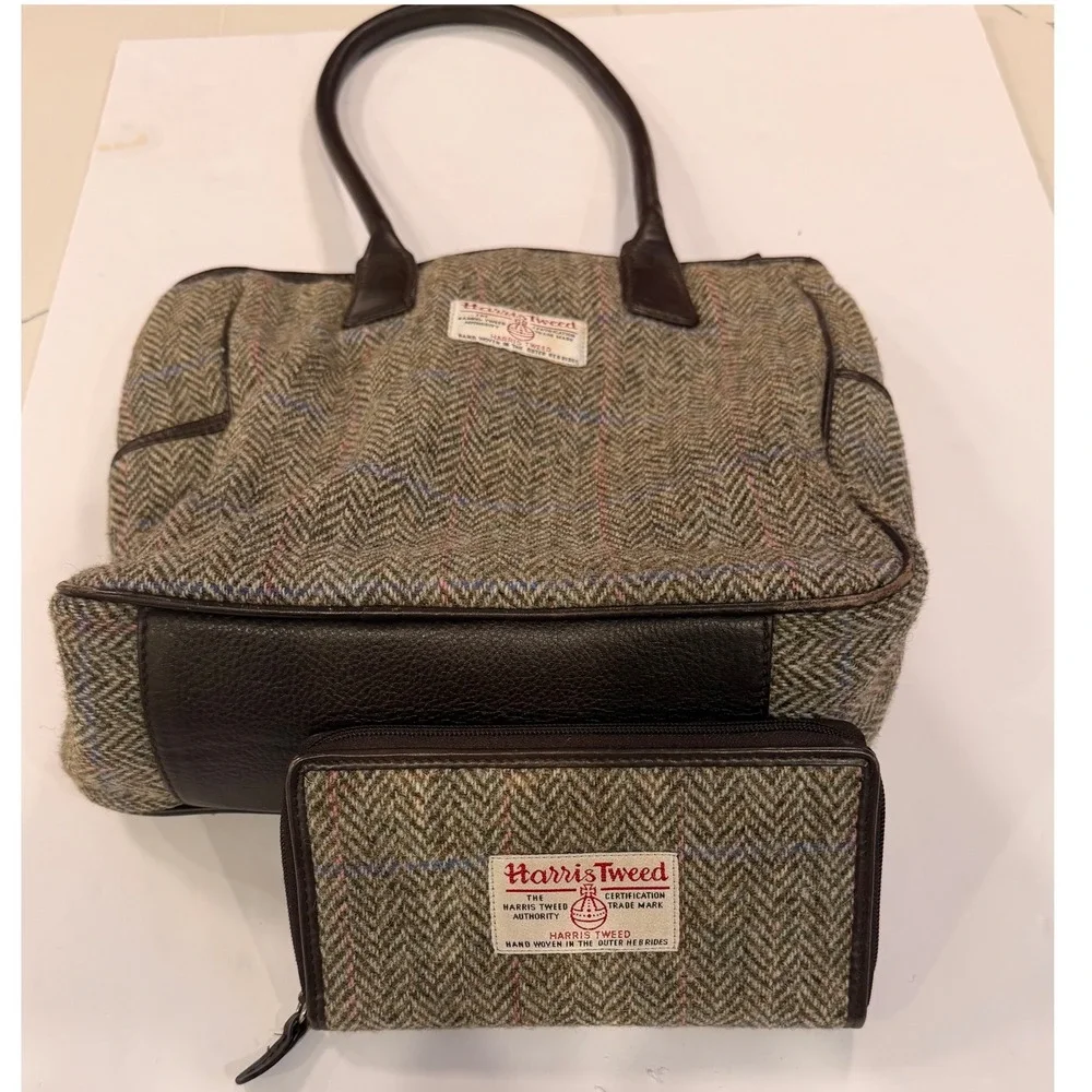 James Pringle Harris Tweed Wool Tote Bag Matching Wallet Leather Scotland